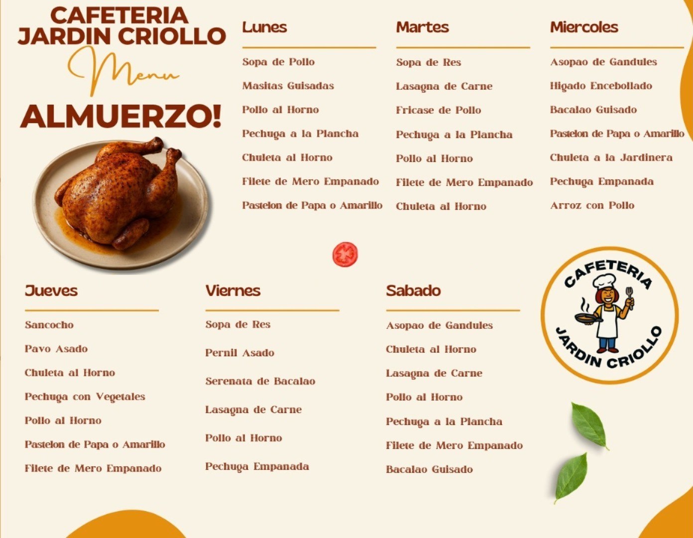 Menú de almuerzos criollos por día de la semana de Cafetería Jardín Criollo