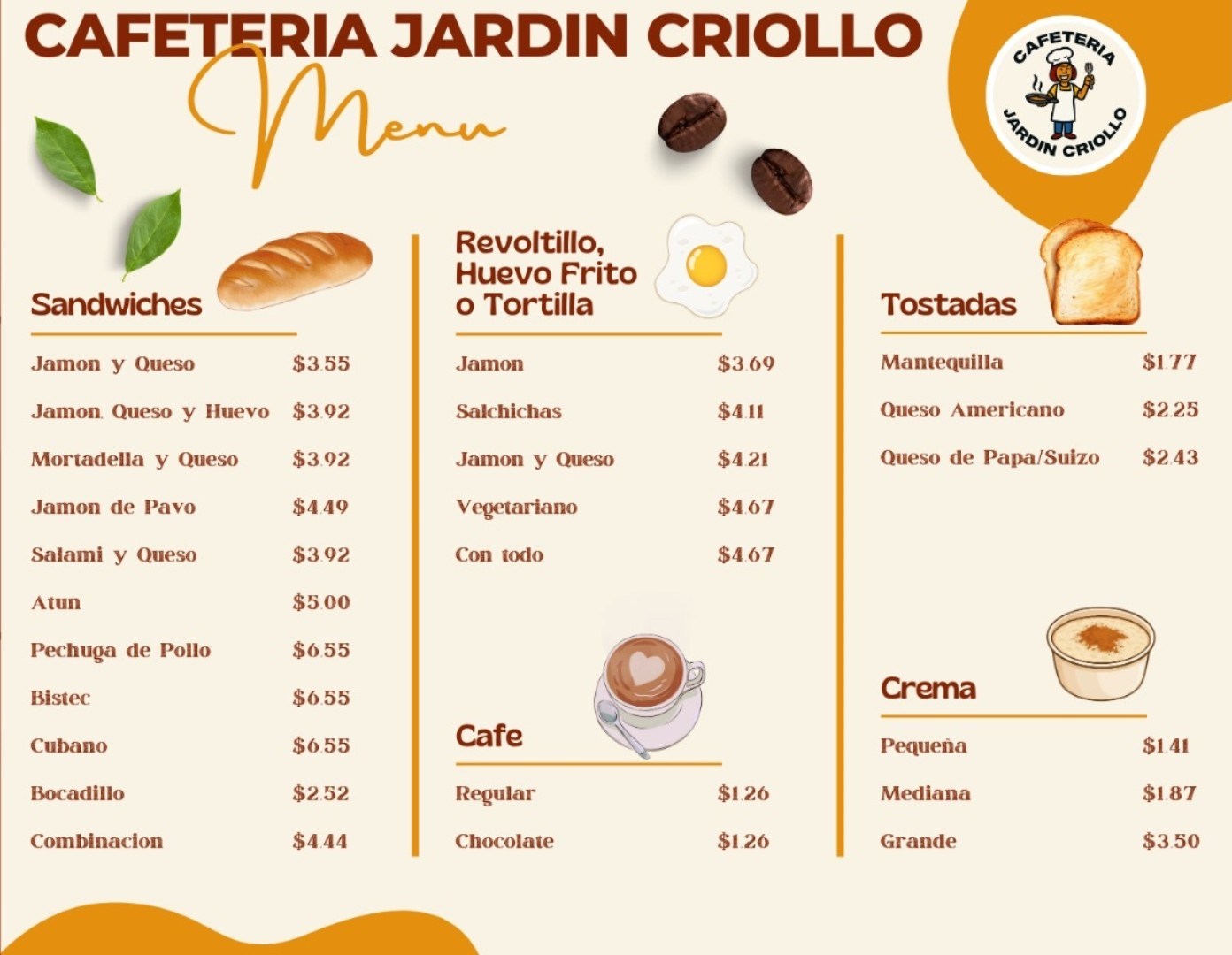 Menú de desayunos, sandwiches, tostadas, café y crema de Cafetería Jardín Criollo con precios